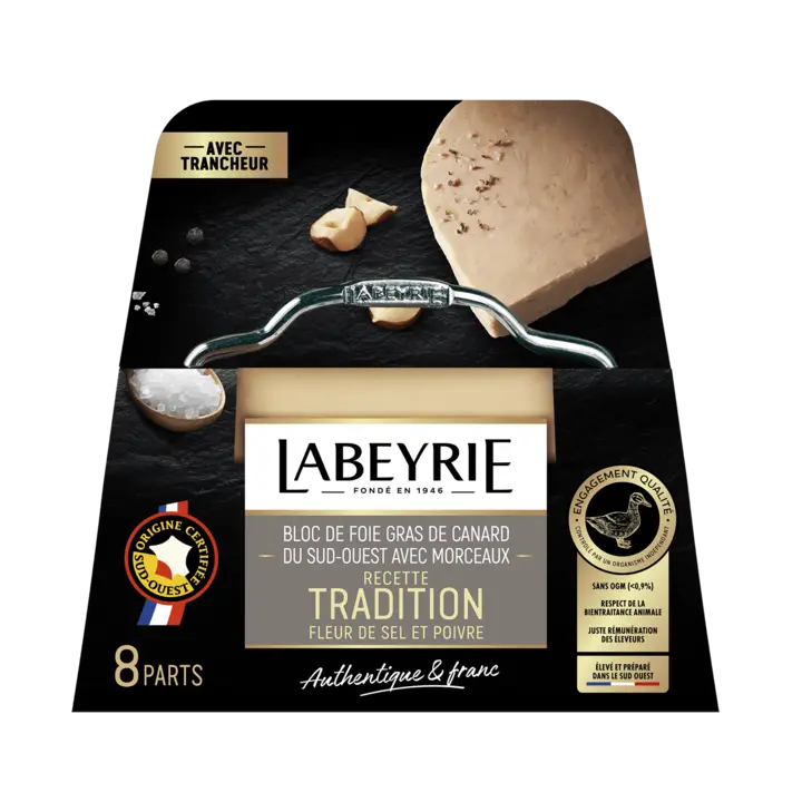 Bloc de foie gras de canard du Sud-Ouest avec morceaux Tradition fleur de sel et poivre